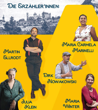 Die Erzähler*innen: Martin Ellrodt, Maria Carmela Marinelli, Dirk Nowakowski, Julia Klein, Maria Winter